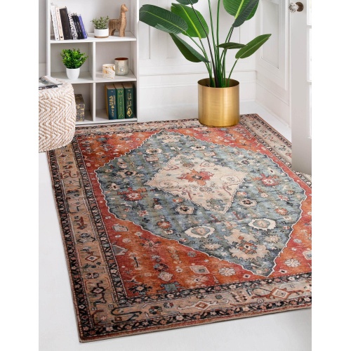 Lahome Boho Tribal Area Rug - 5x7 Large Washable Living Bedroom Rug Distressed Oriental Non-Slip Non-Shedding Print Floor Carpet for Dining Room Home,Rust/Dull Teal - Image 3